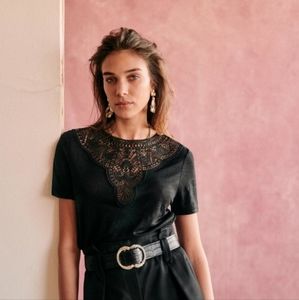 Sezane Black Lace-Yoke Short Sleeve Tee